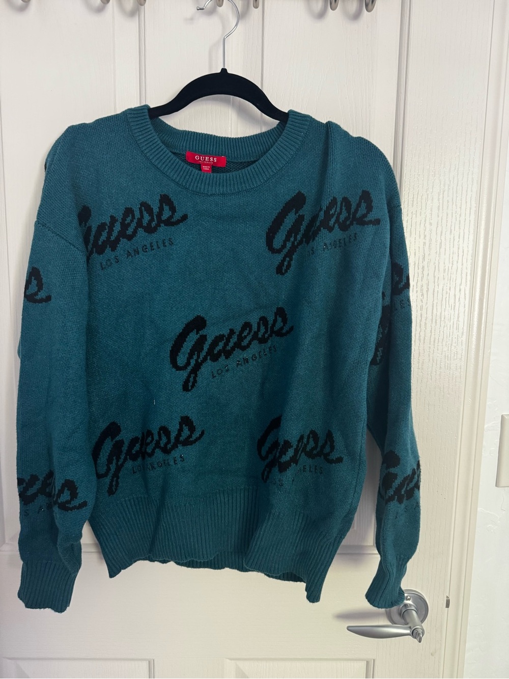 GUESS Teal Logo-Print Crewneck Sweater